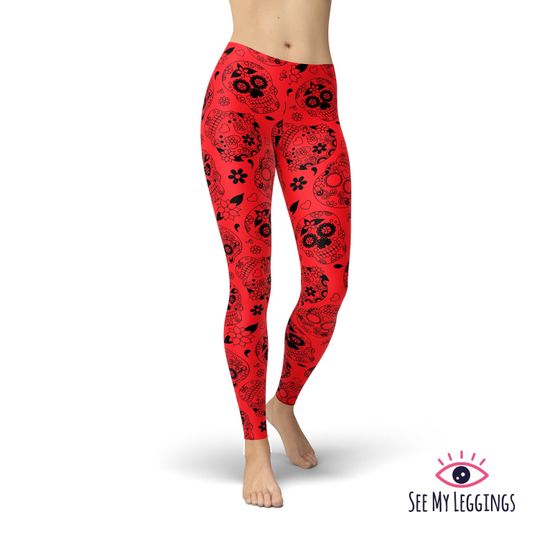 Sugar Skull Leggings, Red Leggings, Printed Leggings, Workout Leggings