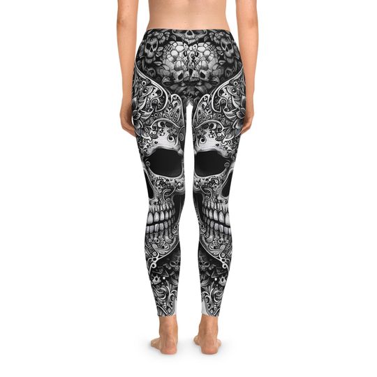 Gothic Sugar Skull Leggings, All Over Print Stretchy Pants, Halloween Costume