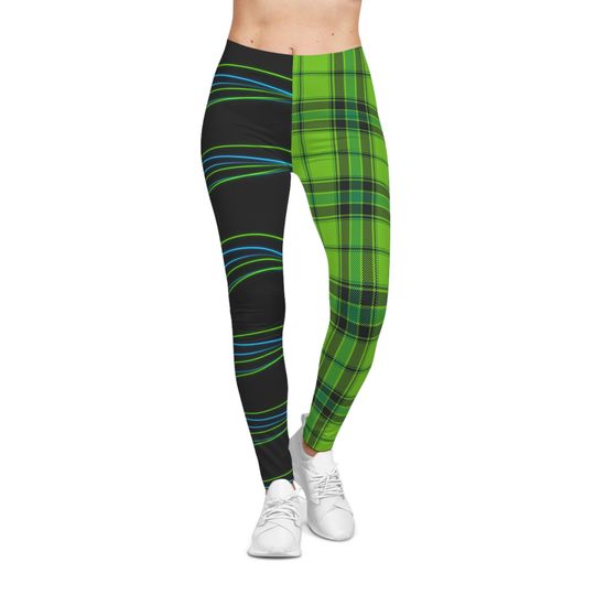 Discover Split Color Irish Plaid Leggings, Color Block Yoga Pants, Women's Fashionista Casual Leggings, Fun Fashion Pants, St. Patrick's Day Leggings