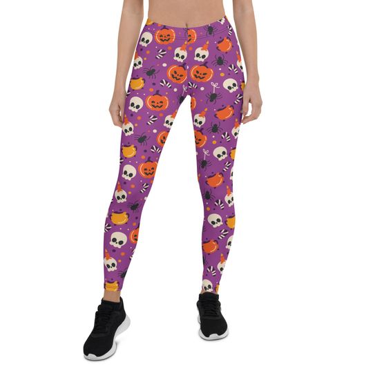 Discover Halloween Leggings Women, Purple Pumpkins Skull Witch Spider Goth Printed Yoga Pants Graphic Fun Designer Tights Gift