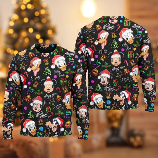 Discover Disney Mickey And Friends Neon Light Signatures Ugly Christmas Sweater, Mickey Ugly Christmas Sweatshirt, Christmas Gift for men Women