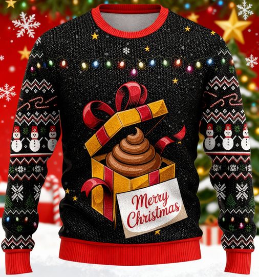 Discover Funny Poop Gift Sweater, Merry Christmas Gag Sweater, Ugly Xmas Party Jumper, Toilet Humor Holiday Shirt, Black Festive Sweater, Joke Gift