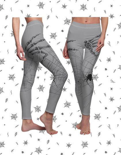Halloween Leggings, Skeleton Hand Holding a Spider, Spooky Yoga Pilates Pants