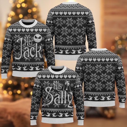 Discover His And Her Nightmare Couple Ugly Christmas Sweater, Nightmare Before Christmas Skeleton Halloween Xmas Sweatshirt, Disney Christmas Gift
