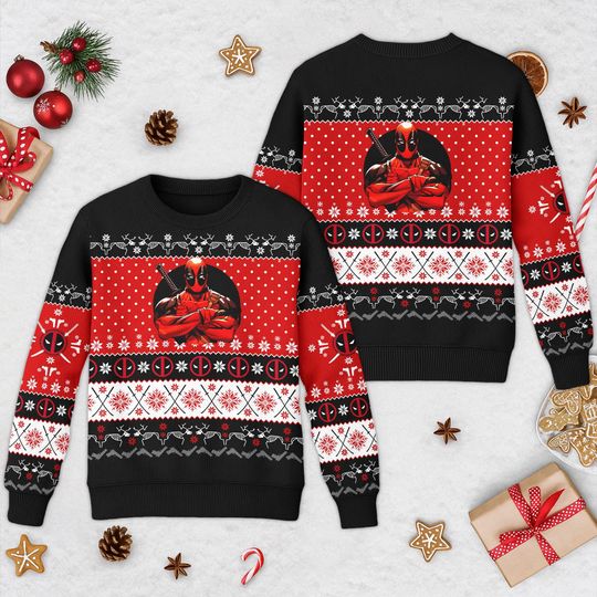 Disney Deadpool Ugly Christmas Sweatshirt, Superhero Christmas Sweater, Deadpool Xmas Holiday Family Shirt, Christmas Gift for Men Women Kid