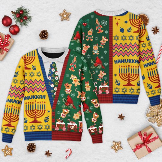 Disney Hanukkah Gingerbread Cadigan Costume Ugly Sweater, Mickey and Friends Ugly Christmas Sweater, Disney Christmas Gift for men Women kid