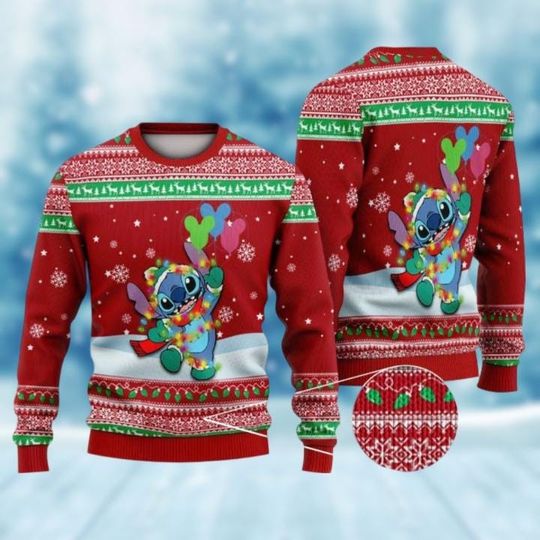Christmas Stitch Ugly Sweater, Disney Cartoon Movie Christmas Sweater, Lilo And Stitch Holiday Sweater, Christmas Lights Sweater