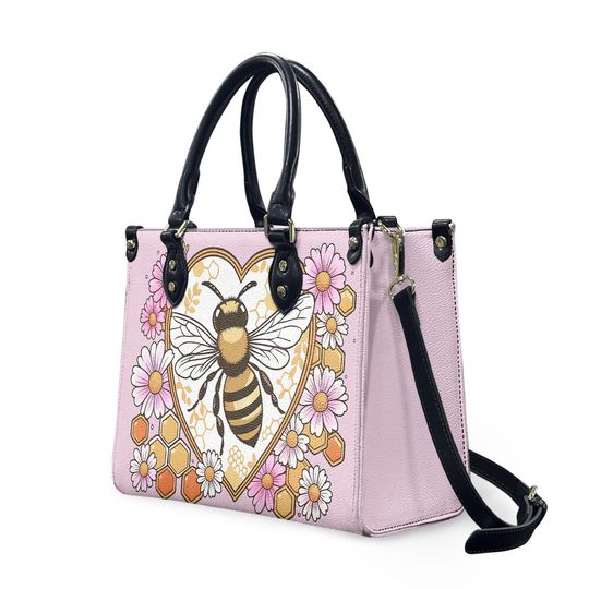 pink bee heart Pattern Leather Handbag
