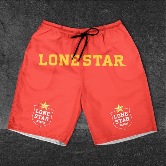 Lone Star Red Horizontal Text Shorts, Beer basic men Hawaiian shorts, Lone Star Red Beach Short