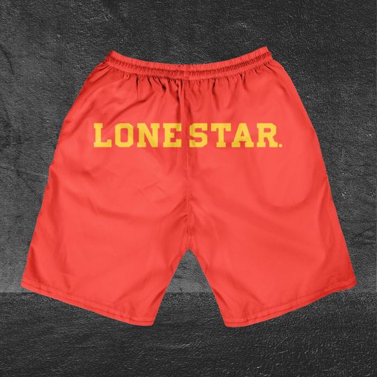 Lone Star Red Horizontal Text Shorts, Beer basic men Hawaiian shorts, Lone Star Red Beach Short