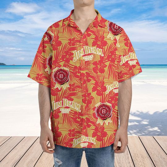 Jim Beam Hawaiian Tropical Flower Pattern Jim Beam Baseball Shirt