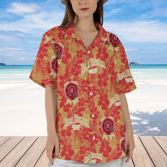Jim Beam Hawaiian Tropical Flower Pattern Jim Beam Baseball Shirt
