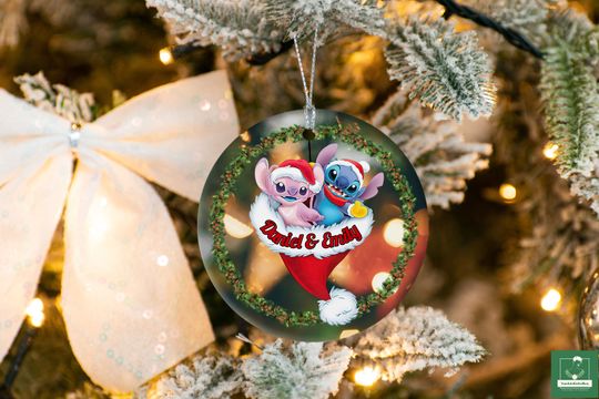 Stitch and Angel Ornament Personalized, Christmas Stitch Ornament, Disney Couple Ornament