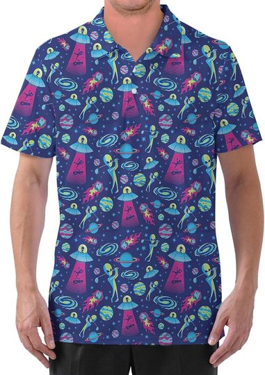 Gopory Alien Golf Shirts for Men Alien Shirts for Men Hawaiian Polo Shirts