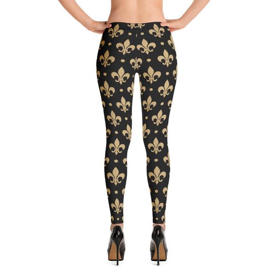 Gold & Black Fleur De Lis Saints Leggings Small Print