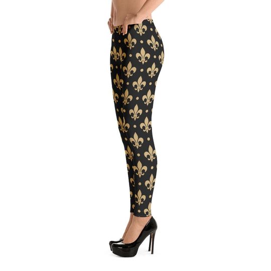 Gold & Black Fleur De Lis Saints Leggings Small Print
