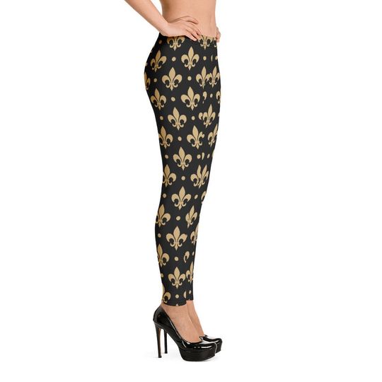 Gold & Black Fleur De Lis Saints Leggings Small Print
