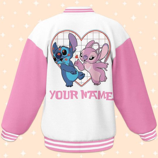 Personalized Stitch and Angel Couple White Pink Baseball Jacket