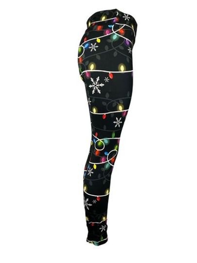 Colorful Christmas Lights & Snowflakes Black Leggings