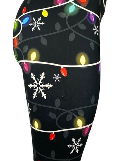 Colorful Christmas Lights & Snowflakes Black Leggings
