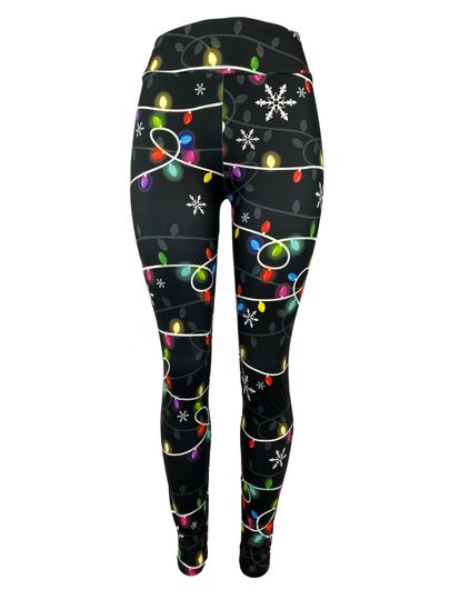 Colorful Christmas Lights & Snowflakes Black Leggings
