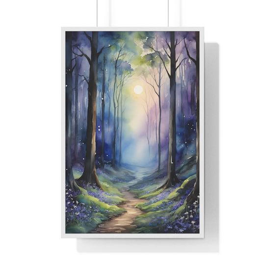 Enchanted forest at twilight - watercolor print - Vertical Framed Poster