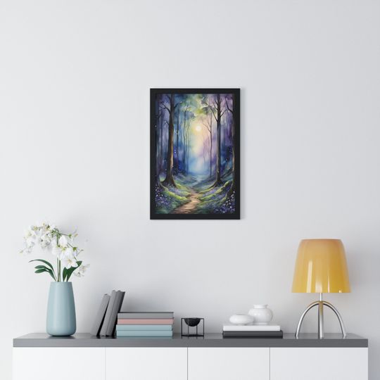 Enchanted forest at twilight - watercolor print - Vertical Framed Poster