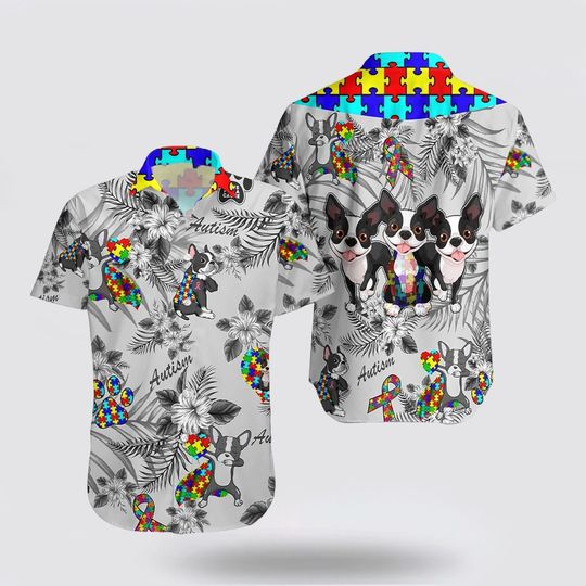 Boston Terrier Autism Floral Pattern Hawaiian Shirt