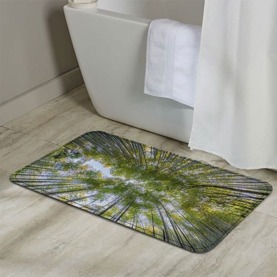 Bamboo Bath Rug Set Toilet Seat Cover Rustic Bamboo Forest Green Leaves