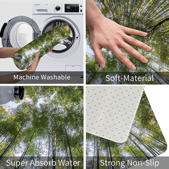 Bamboo Bath Rug Set Toilet Seat Cover Rustic Bamboo Forest Green Leaves