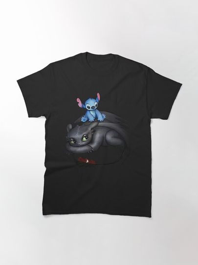 Stitch Sitting On Toothless Funny  Classic T-Shirt