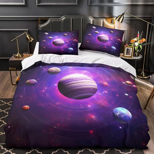 Space Planets Galaxy Purple  Printed  Bedding Set
