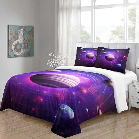 Space Planets Galaxy Purple  Printed  Bedding Set