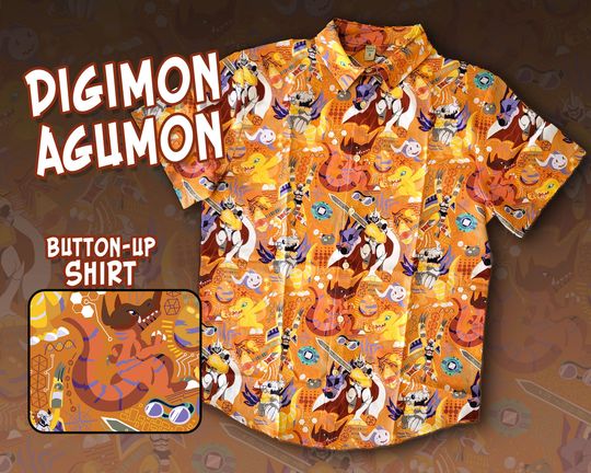 DIGIMON Agumon Pattern Button Up Hawaiian Shirt