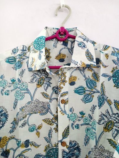 Cotton Floral Print Shirt Men Hand Block Print Cotton
