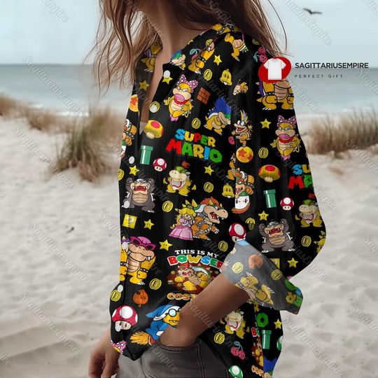 Super Mario Bowser Linen Shirt, Bowser Shirt, Bowser Button Down Shirt