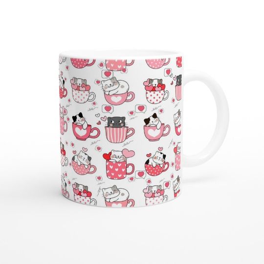 Cute Pink White Cat Valentine's Day Hello Kitty Coffee Mug