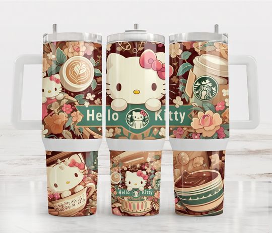 Hello Kitty Capuchino Coffee Pattern Tumbler 40 oz With Handle