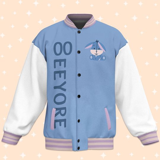 Custom Eeyore Blue Varsity Jacket, Adult Varsity Jacket, Personalized Disney Jacket, Baseball Team Outfit