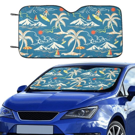 Tropical Island Windshield Sun Shade, Ocean Sea Palm Trees