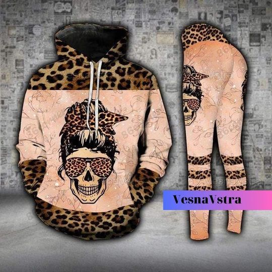 Leopard Skull Hoodie Legging Set, Gym, Workout, Women's Gift