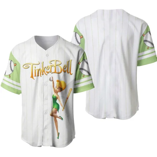 Tinker Bell Baseball Jersey Button Down Shirt, Tinker Bell Fairy Baseball Jersey