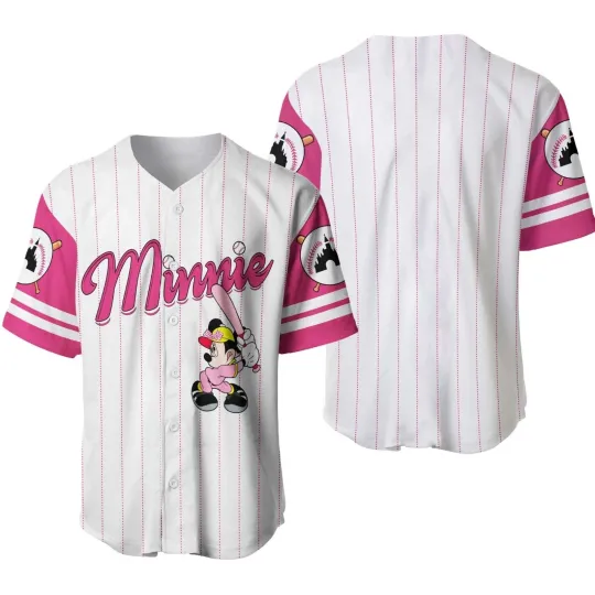 Minnie Mouse Baseball Jersey Button Down Shirt, Minnie Cartoon Baseball Jersey