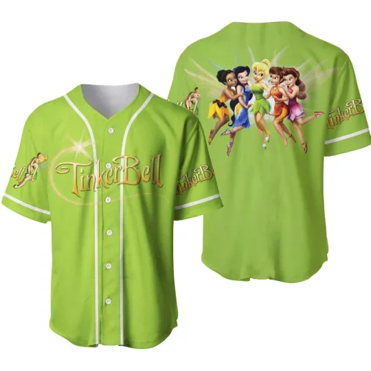 Tinker Bell Baseball Jersey Button Down Shirt, Tinker Bell Fairy Baseball Jersey