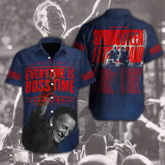 Bruce Springsteen E Street Band World Tour 2024 Polyester Hawaiian Shirt, Bruce Springsteen Concert 2024 Shirt, Bruce Springsteen Merch, Gifs For Fan