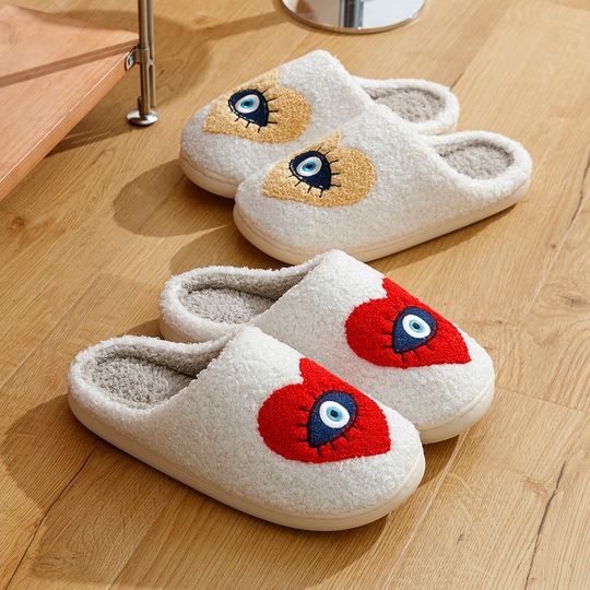 New Home Women's Slippers, winter Warm Houseshoes Evil Eye Style, Fuzzy Comfy Heart Flat Sole Funny Flip Flops Women Shoes