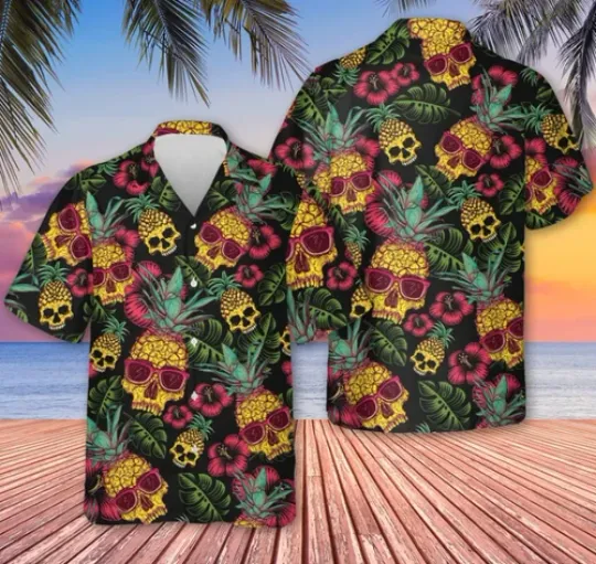 Pineapple Skull Black 3D HAWAII SHIRT, Father Day Gift