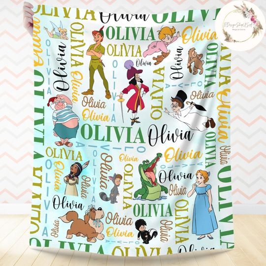 Personalized Watercolor Disney Peter Pan Blanket, Peter Pan Wendy Tinker Bell Lost Boys Neverland