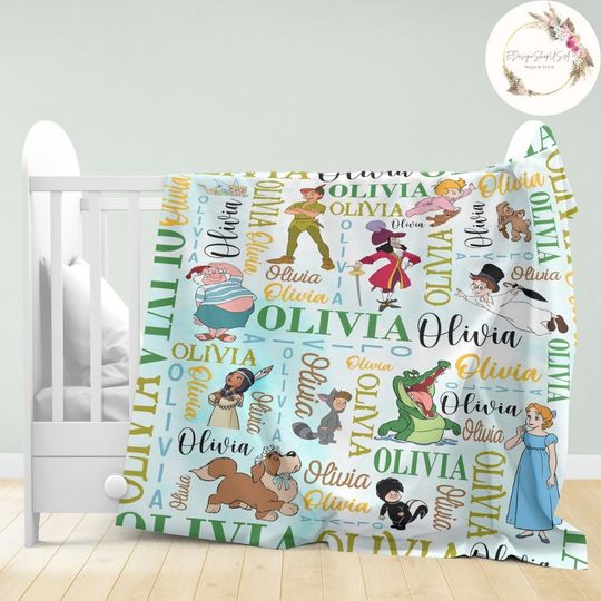 Personalized Watercolor Disney Peter Pan Blanket, Peter Pan Wendy Tinker Bell Lost Boys Neverland