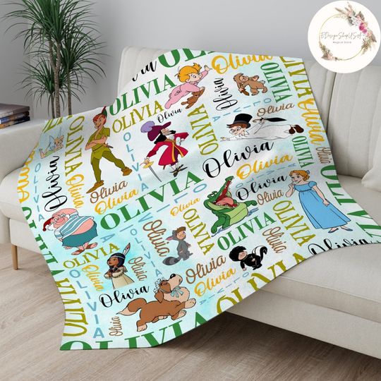 Personalized Watercolor Disney Peter Pan Blanket, Peter Pan Wendy Tinker Bell Lost Boys Neverland